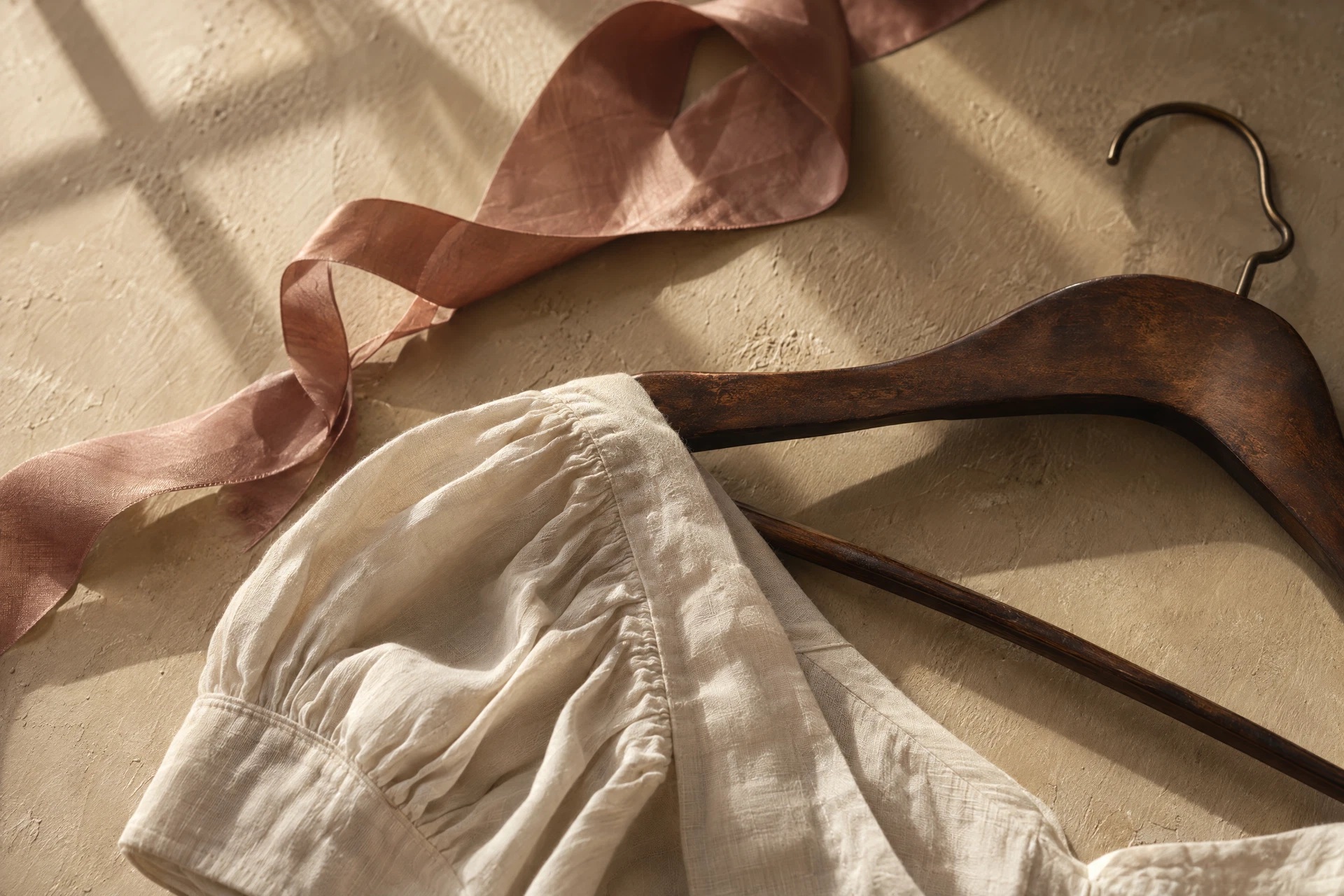 Editorial styling still life with cream fabric, a pink ribbon and a wooden hanger