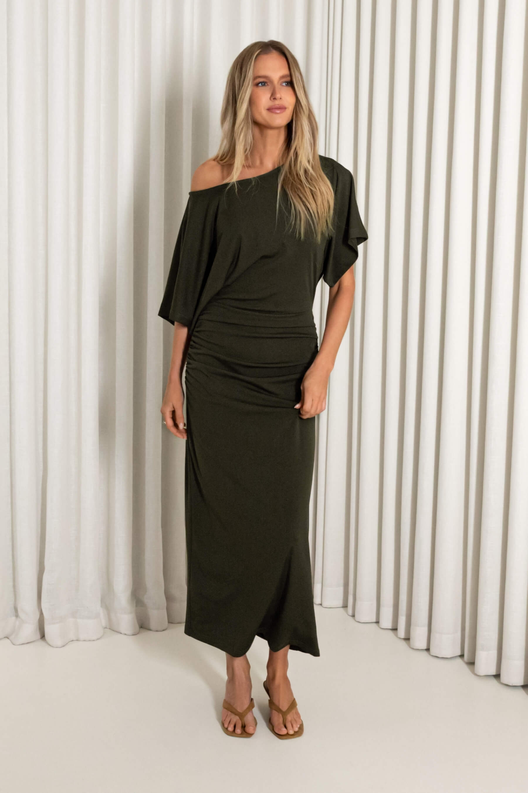 Grayson Off Shoulder Dress — catalog photograph for Boutique Merchandising with Clear Color Stories